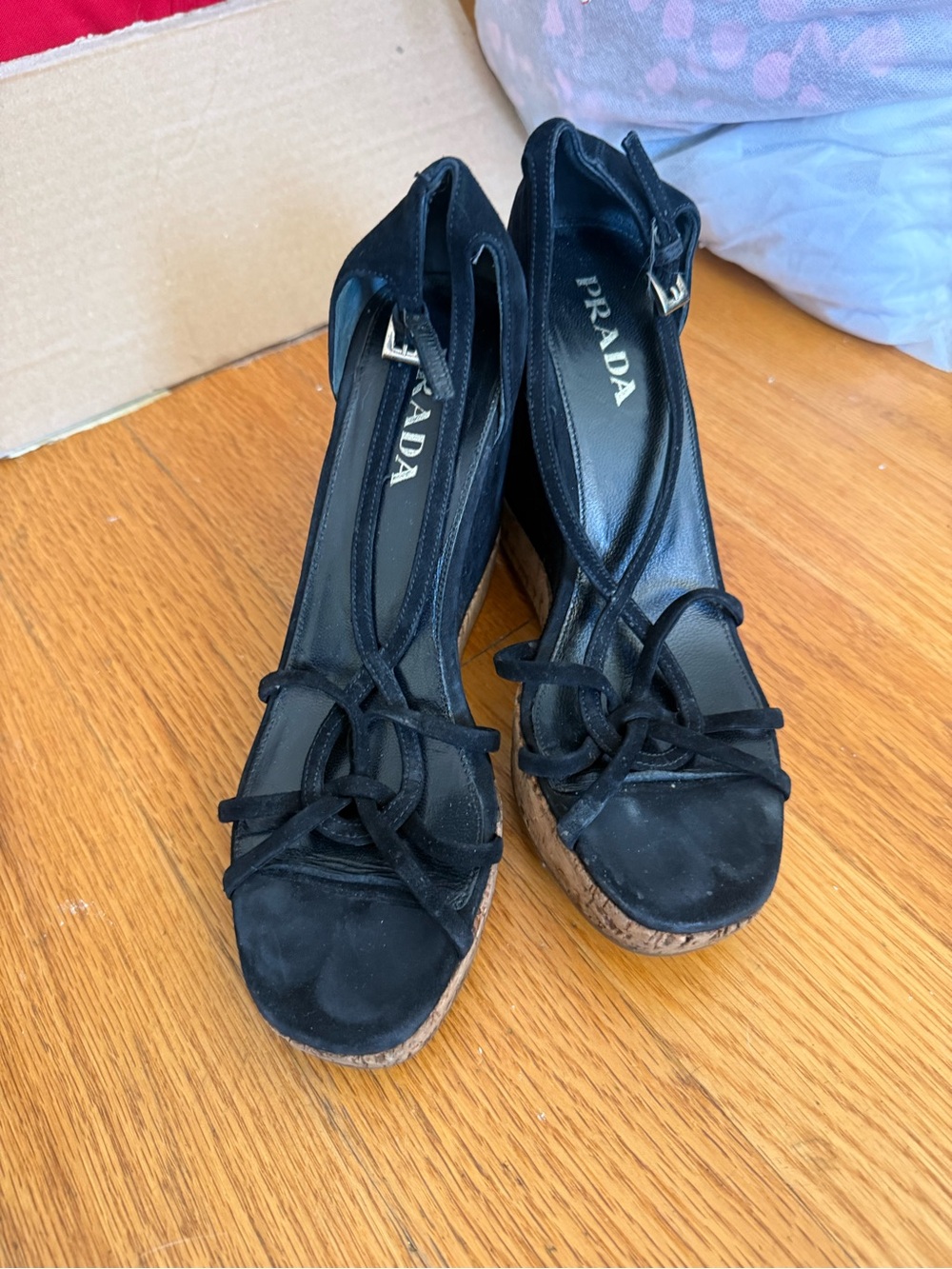 Prada Black Wedge Sandals with Cork Platform